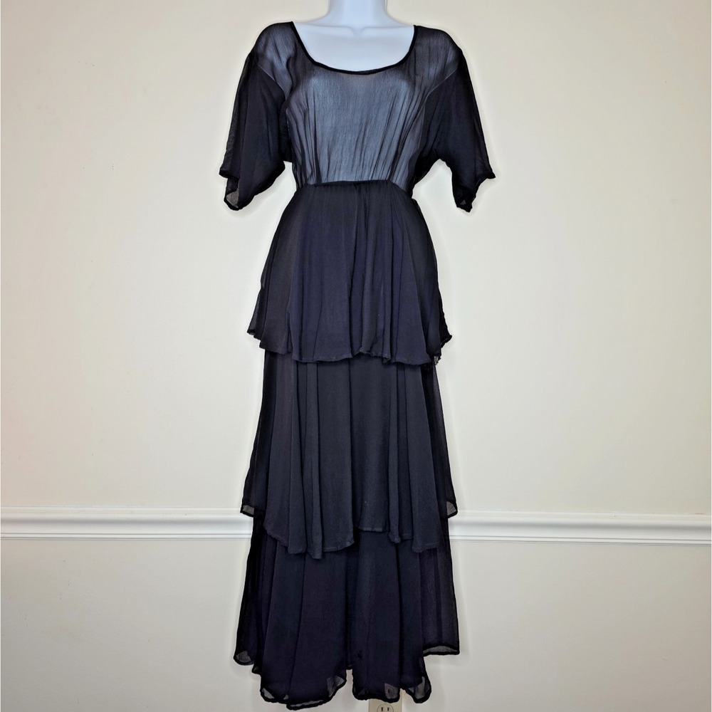Vintage Sheer‎ Tiered Maxi Dress Sz S Black Distressed Chiffon Witchy Whimsigoth